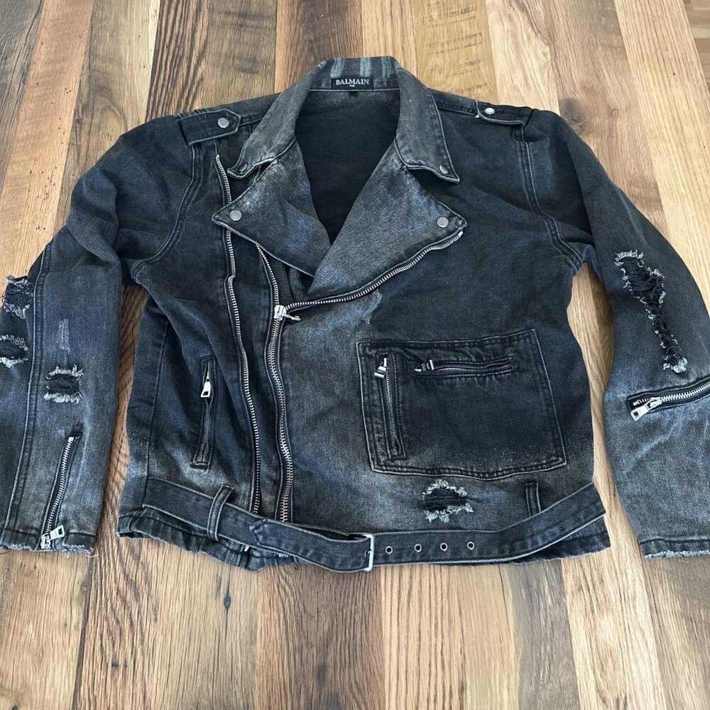 BALMAIN Paris Crach Double Rider Mens Denim Jacket Black/Gray Italy Money